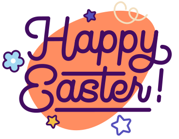 Lettering Happy Easter with egg, flower and stars text PNG, SVG