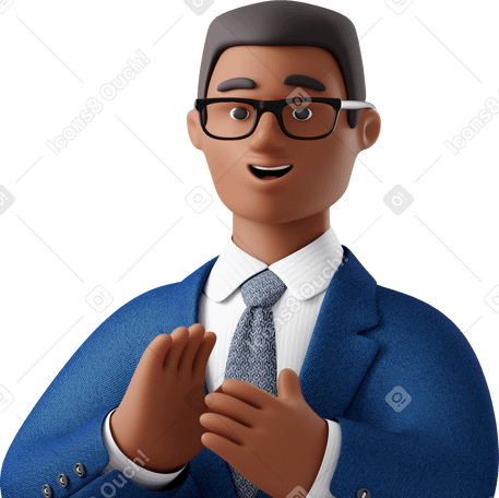 3D close up of black businessman in blue suit applauding Illustration in PNG, SVG