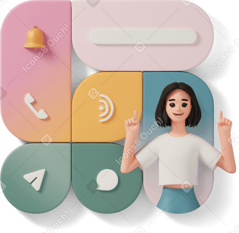 3D smiling woman on background with communication  icons в PNG, SVG