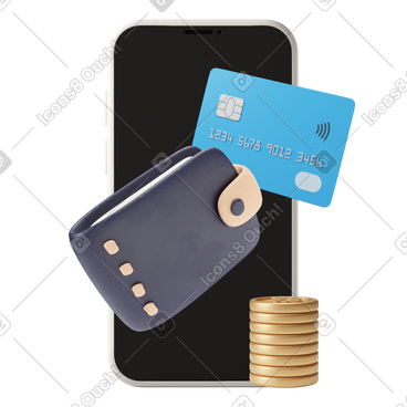 E-wallet in a phone with bank card, stack of coins and leather wallet PNG, SVG