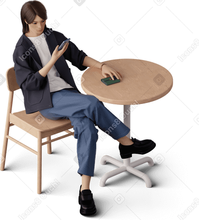 3D 年轻女子坐在咖啡桌旁看手机的等距视图 PNG, SVG