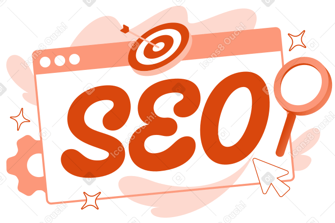 Lettering SEO with target, magnifyer and gear text PNG, SVG