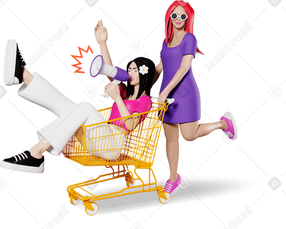 3D girls with shopping cart Illustration in PNG, SVG