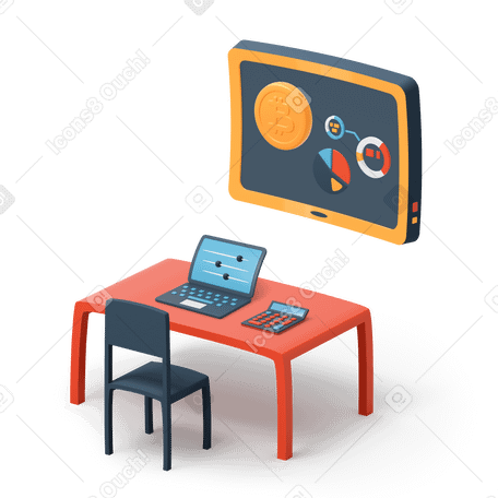 3D Work place with laptop on the table and presentation board on the wall PNG, SVG