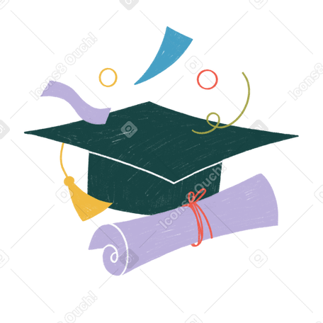 Graduation cap and diploma with confetti PNG, SVG
