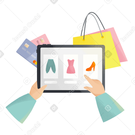 Hands holding a tablet with an online shop PNG, SVG