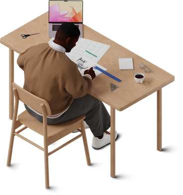 Isometric view of young man sketching chair в PNG, SVG
