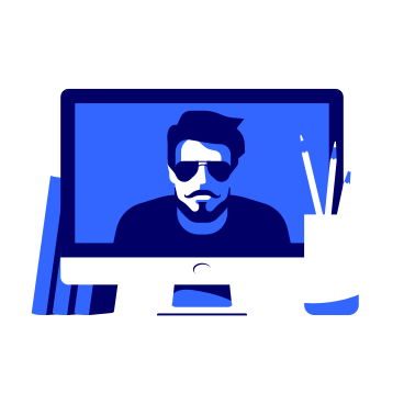 Monitor with screen of Zoom meeting, three books and cup with pencils on table PNG, SVG
