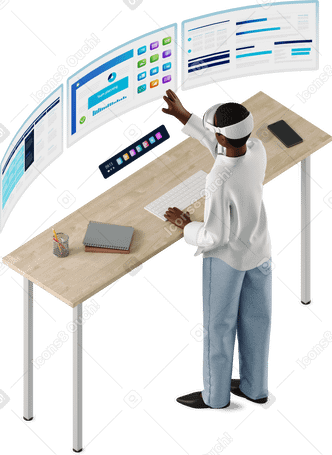 3D Una joven con gafas de realidad virtual se encuentra en su escritorio. PNG, SVG