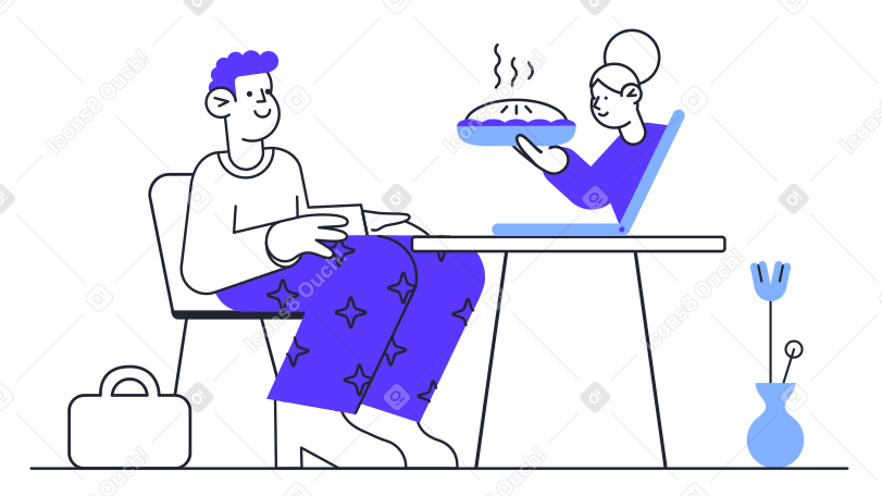 Illustration Une femme passe une tarte chaude à travers un ordinateur portable à un homme assis aux formats PNG, SVG