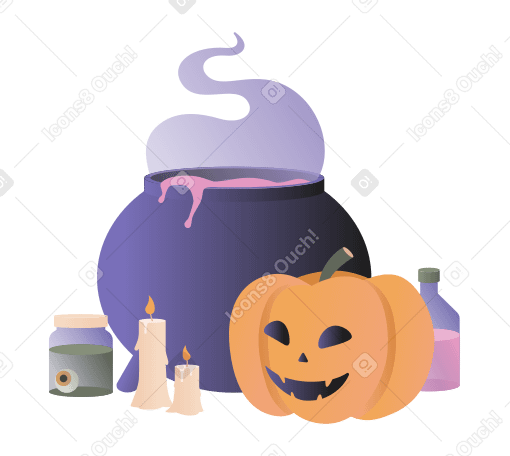 Halloween pumpkin, cauldron with potion and candles PNG, SVG