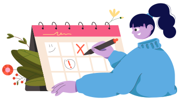 Девушка отмечает крест ручкой в весеннем календаре в PNG, SVG