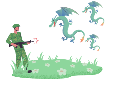 Мужчина атакует летающих драконов из винтовки в PNG, SVG