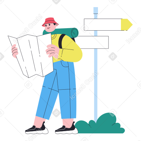 Illustration animée Homme de voyageur regardant la carte près du poteau indicateur aux formats GIF, Lottie (JSON) et AE