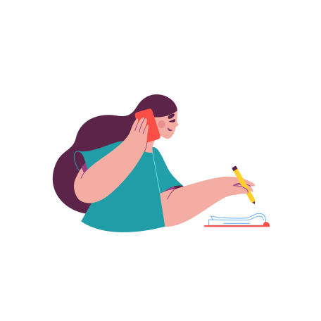 Woman is talking on the phone and writing in notebook Illustration in PNG, SVG