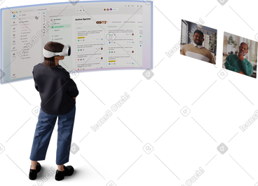 Isometric view of colleagues discussing the project in vr PNG, SVG