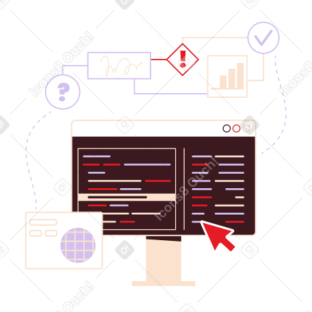 Computer screen with analytics, web elements and workflow PNG, SVG