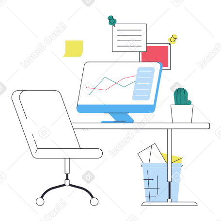 office workplace with computer and paper bin PNG, SVG