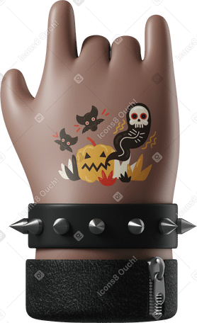 3D Rocker's brown skin hand with a tattoo showing rock sign PNG, SVG