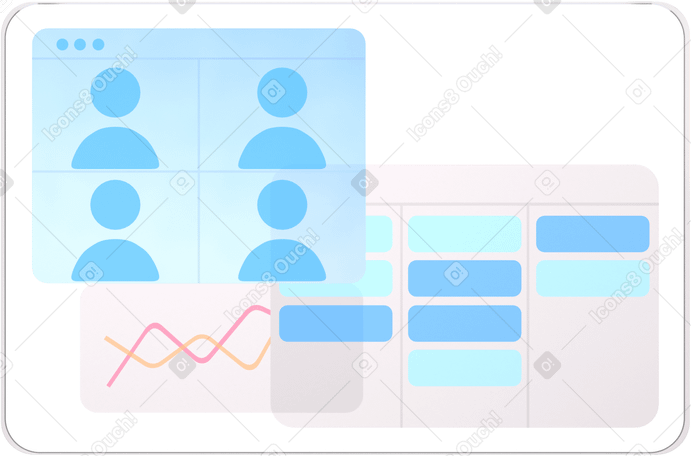 3D transparent screen with infographics, task board and online call window PNG, SVG