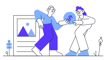 Man selling an nft painting to a woman PNG, SVG
