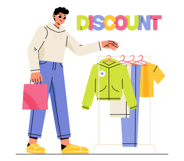 판매중인 옷을 사는 남자와 레터링 할인 PNG, SVG