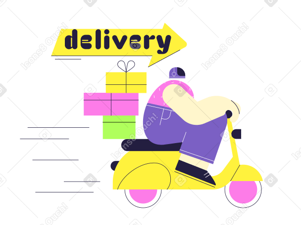 Delivery text and a man carries boxes on a moped PNG, SVG