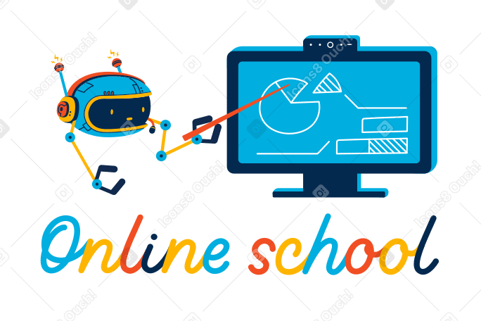 Letras de la escuela en línea debajo del robot que apunta al gráfico en la computadora PNG, SVG