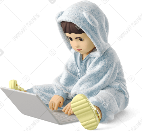 3D little baby sitting at a laptop Illustration in PNG, SVG