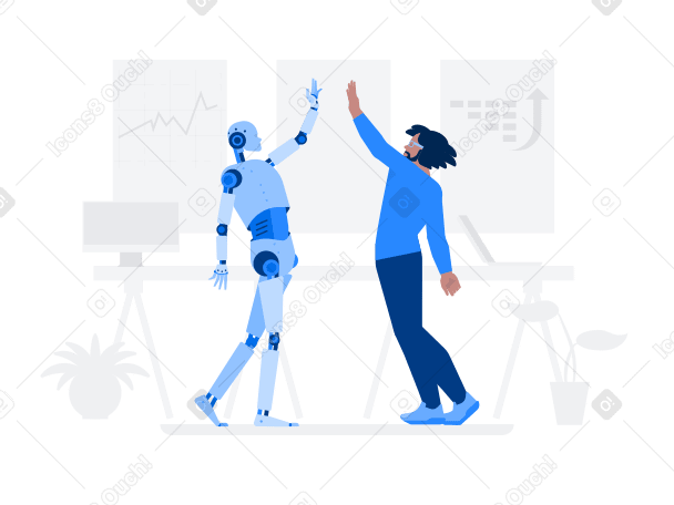 Android robot and man raise their hands high five Illustration in PNG, SVG