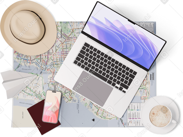 3D 笔记本电脑、地图、帽子、护照、智能手机、飞机和杯子的顶视图 PNG, SVG