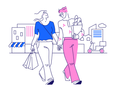 Deux amies vont faire du shopping main dans la main sur fond de café de la ville PNG, SVG