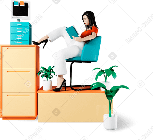 3D man reading book in office with plants PNG, SVG