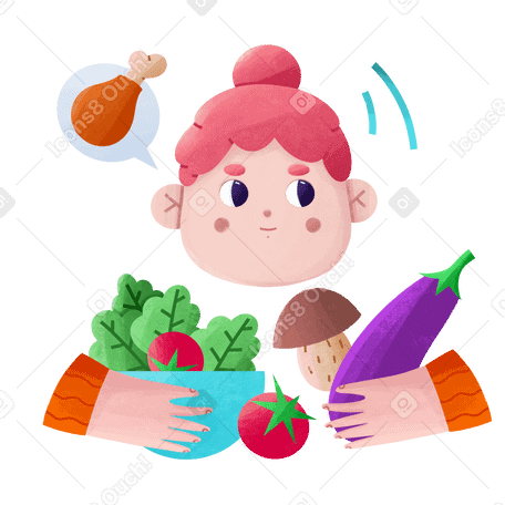 Girl cooking a salad but dreaming about meat Illustration in PNG, SVG