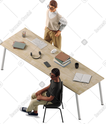 Two young men working at a common table PNG, SVG