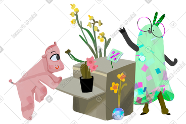 Flower shop assistant showing discount items to client PNG, SVG