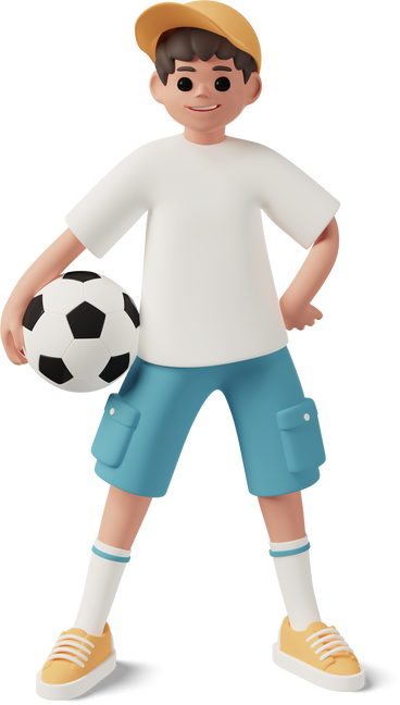 엉덩이에 손으로 축구와 함께 서있는 소년 PNG, SVG
