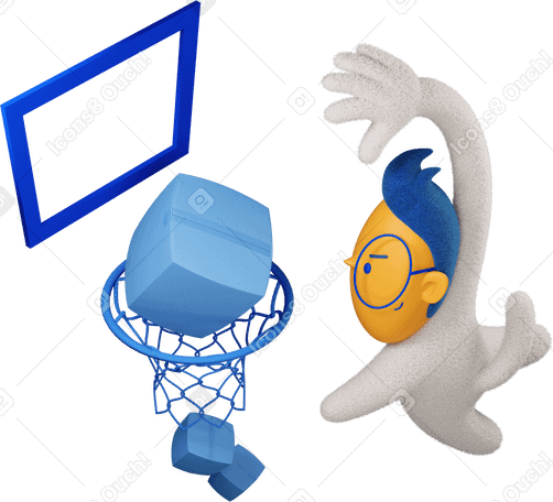 3D Boy putting boxes in basketball hoop eagerly turned right Illustration in PNG, SVG
