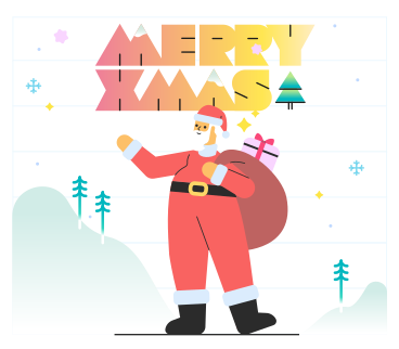 Merry Christmas text and smiling Santa with a bag of gifts on a winter background PNG, SVG
