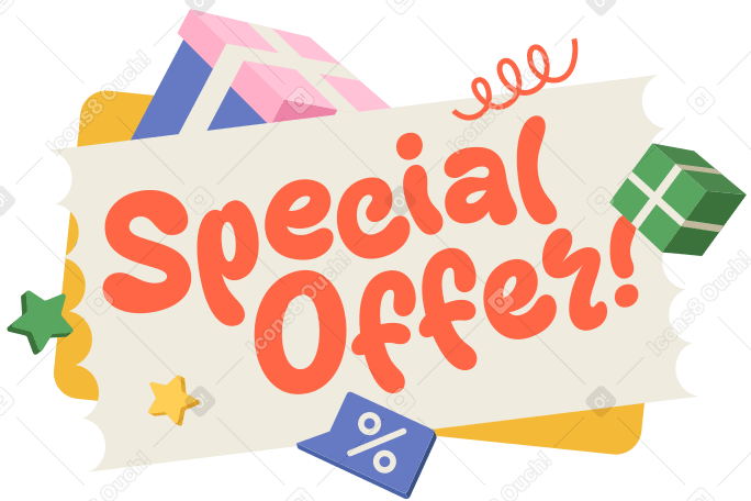 Lettering Special Offer! in coupon with boxes and stars text PNG, SVG