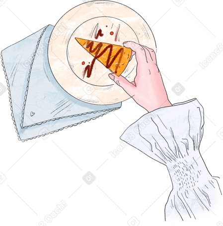 Mão tirando um pedaço de bolo de um prato branco PNG, SVG