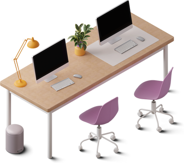 Isometric view of office desk with two monitors PNG, SVG