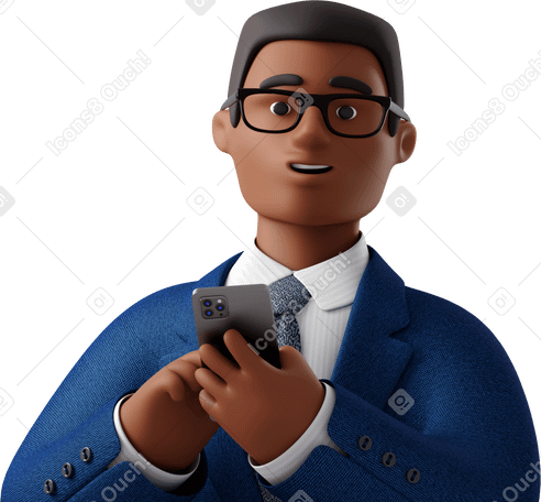 3D close up of black businessman in blue suit with phone looking straight Illustration in PNG, SVG