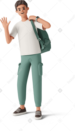 3D young man with backpack on one shoulder waving PNG, SVG