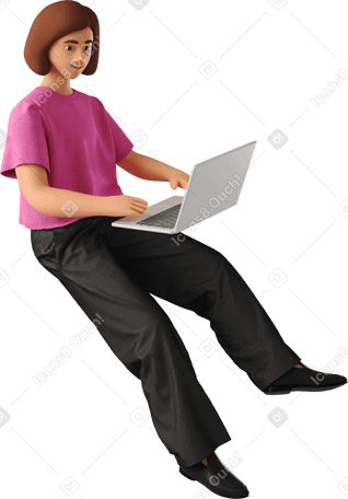 3D young woman sitting in front of laptop Illustration in PNG, SVG