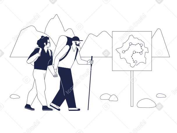 Donna e uomo con zaini sul sentiero escursionistico PNG, SVG