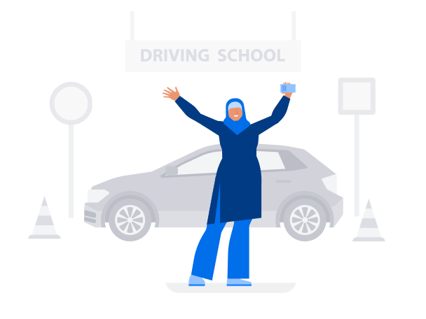 Woman in hijab raising hands up and holding driving license against the background of driving school Illustration in PNG, SVG