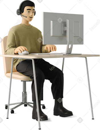 3D guy working on a computer and talking online PNG、SVG