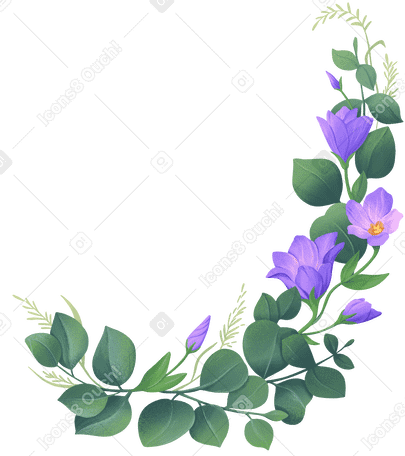 トルコギキョウの花とユーカリの葉のコーナー構成 PNG、SVG