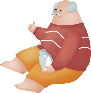 Old man sitting in a red sweater with a bottle of milk PNG, SVG